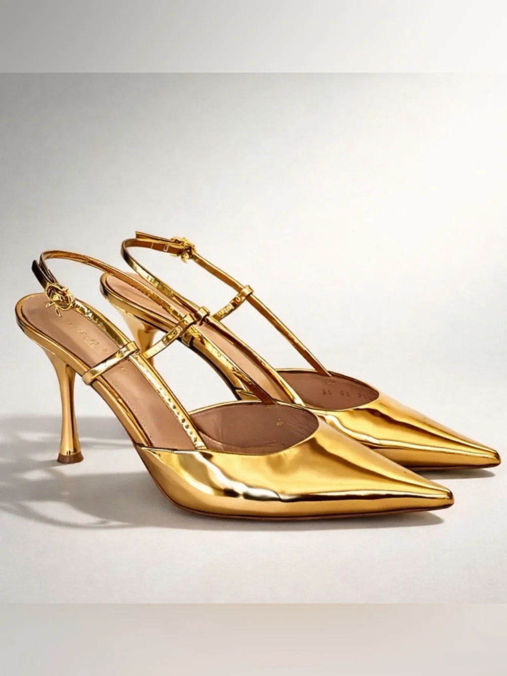 Gianvito Rossi Ascent Metallic Gold Pointed Slingback Heels, 38 (7.5), EUC